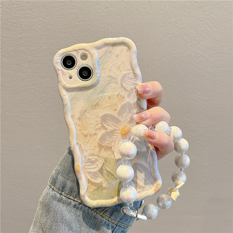Oil Painting Flowers Shell for iPhone 13 Blu-ray IMD TPU Case Wavy Edge Phone Cover with Pearl Chain Oil Painting Flowers Shell for iPhone 13 Blu-ray IMD TPU Case Wavy Edge Phone Cover with Pearl Chain